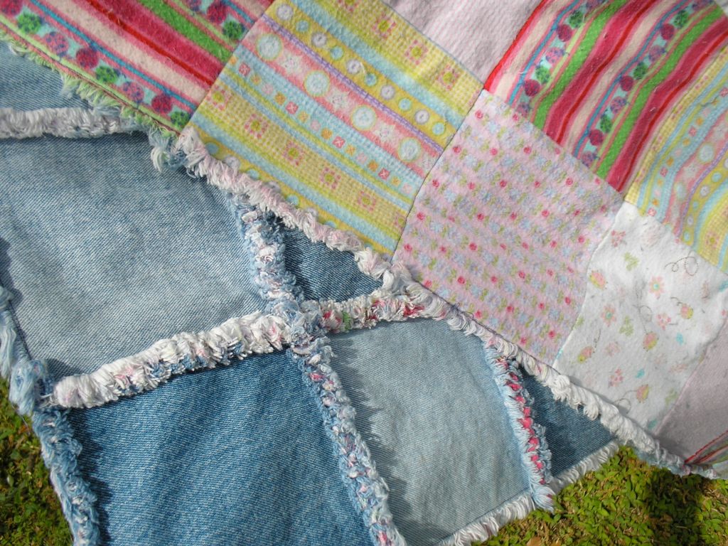 close up of flannel and denim quilt